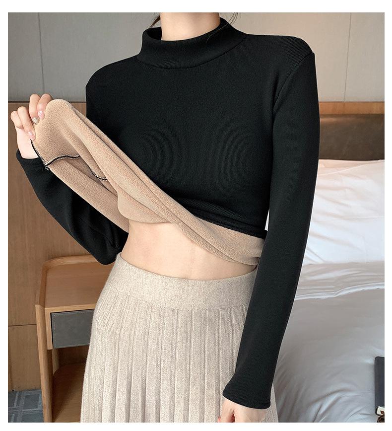 H331 Women's Slim Fit Knitted Half Turtleneck Sweater - Plus Velvet, Warm Long Sleeve Top for Autumn and Winter