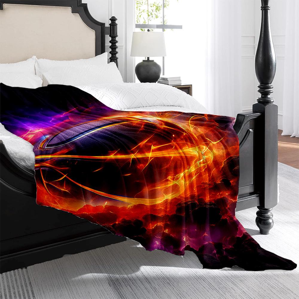 1pc Flame Basketball Print Blanket - Heavy-Duty Plush Flocked Bedspread with Black Purple Golden Grey Green Orange Yellow White