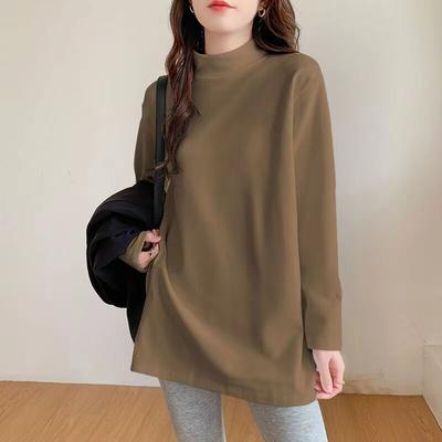 Langarm T-Shirt Damen Mittellang Unterhemd Halber Rollkragen Frühling und Herbst Neu Locker Koreanischer Stil Innentop