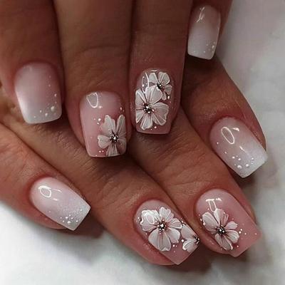 Gentle Pink Gradient Nail Art Tips with White Polka Dots and Flowers - 24 Pieces