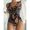 Summer Sexy Vintage Pattern Printed One-piece Swimsuit Slim Fit and Slimming, Deep U-back Design, Beach Pool Vacation Eye-catching Fashion Swimsuit