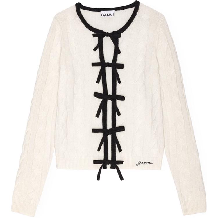 Ganni FW24 Textured Cable Knit Crew Neck Tie Long Sleeve Slim Fit Sweater Women sweater Egret K2412135