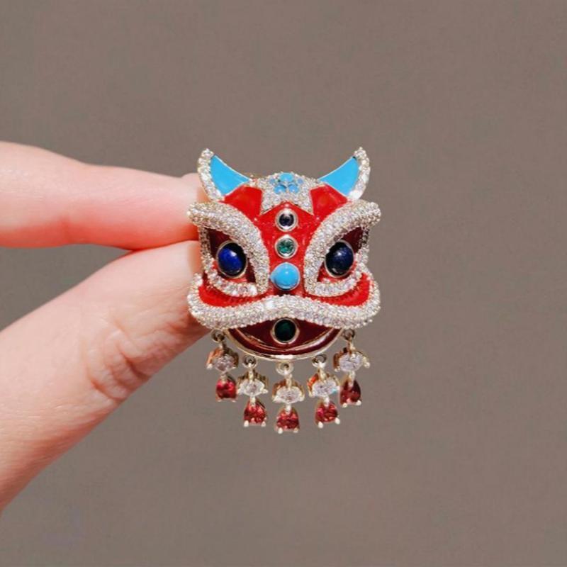 Chinese Style Red Lion Dance High End Accessory Enamel Painted Brooch
