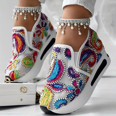Colorful Embroidered Low-Top Sneakers Wedge Heel Running Shoes