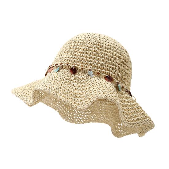 

Women Hat Wide Brim Adjustable Strap Hollow Crochet Straw Hat Breathable Foldable Summer Outdoor Sun Hat бежевый