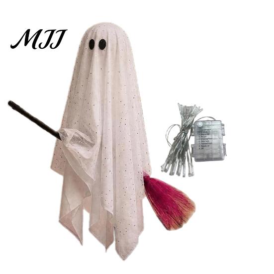 Lighted Flying Ghost Figures Halloween Outdoor Decoration, Large Hanging on Broom, Spooky Cute Party Props Gauze for Tree, Porch, Yard, Patio, Outside