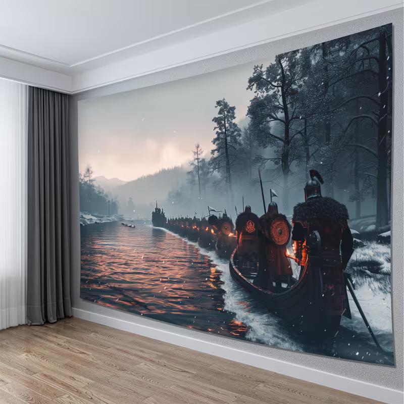 Flota de Incursión Vikinga 2D Tapiz de Viaje de Invierno Guerreros Nórdicos Barco Marcha Fluvial Arte de Pared Tela de Fondo