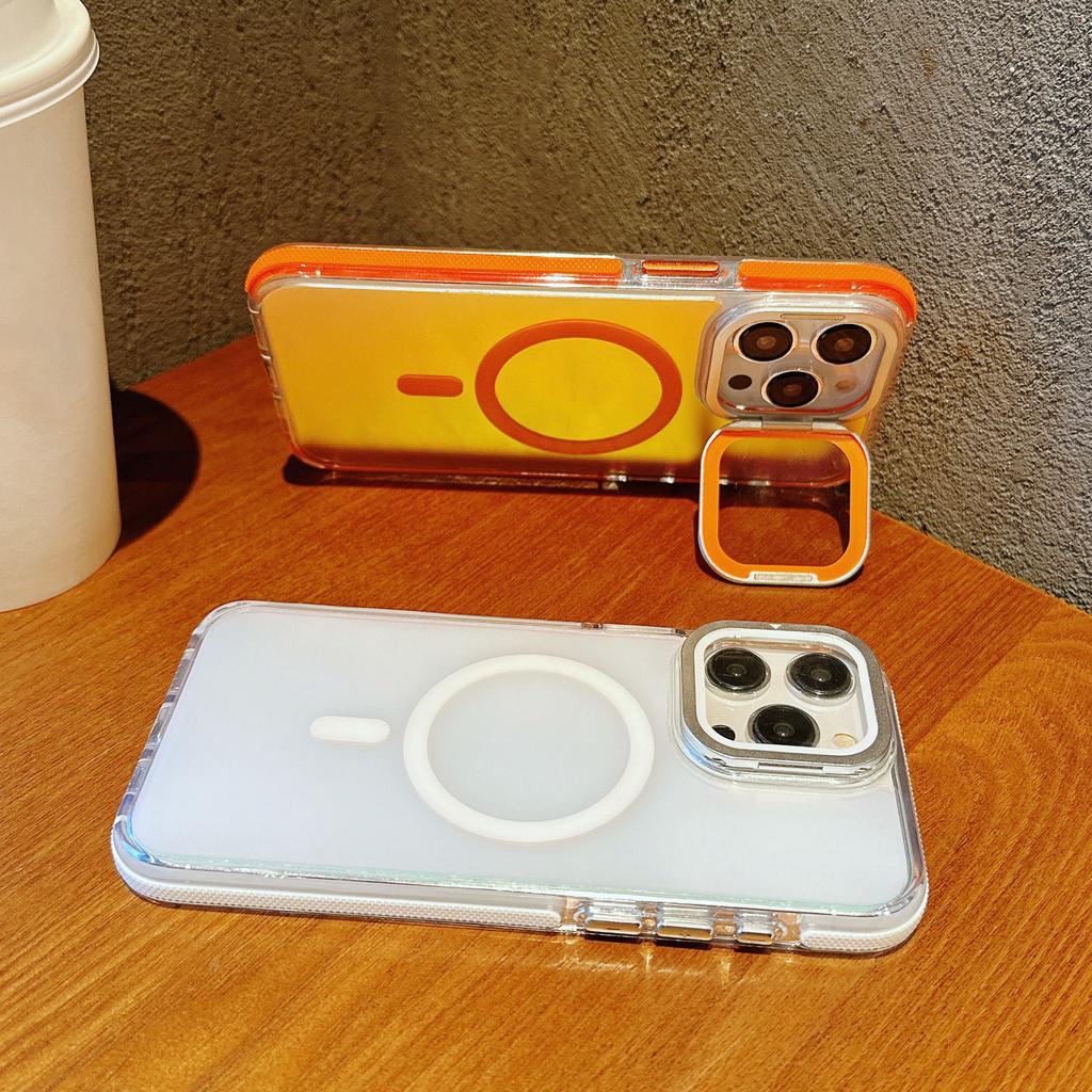 For iPhone 15 Pro Max Magnetic Case TPU Acrylic Phone Back Cover with Lens Film and Kickstand