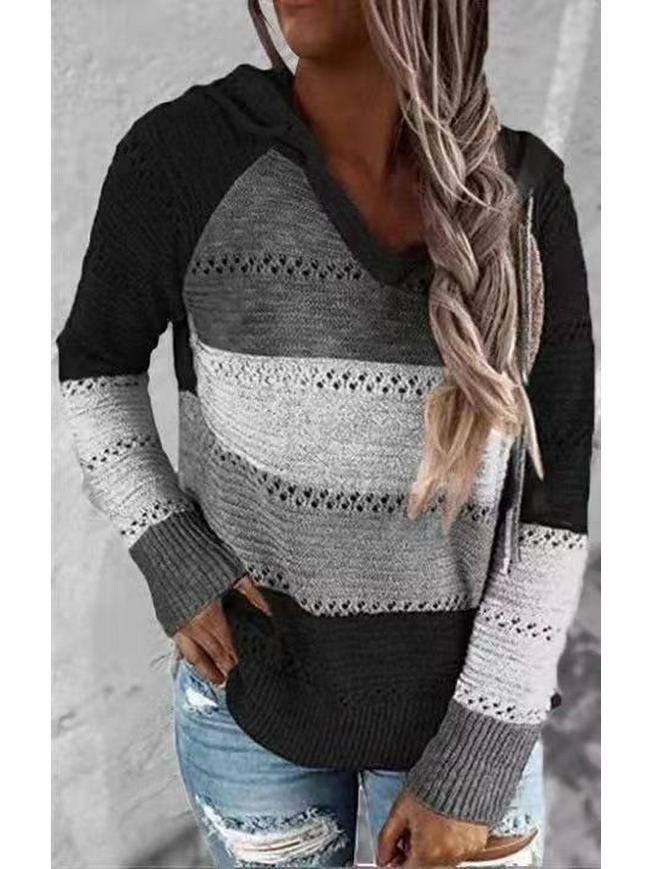 

Women s Knitted Hooded Sweatshirt - European & American Color Block Long Sleeve Loose Fit with Drawstring M чорний