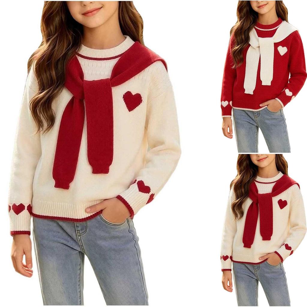 Girls Christmas Sweater with Heart Pattern Knit Long Sleeve Pullover for Fall Winter