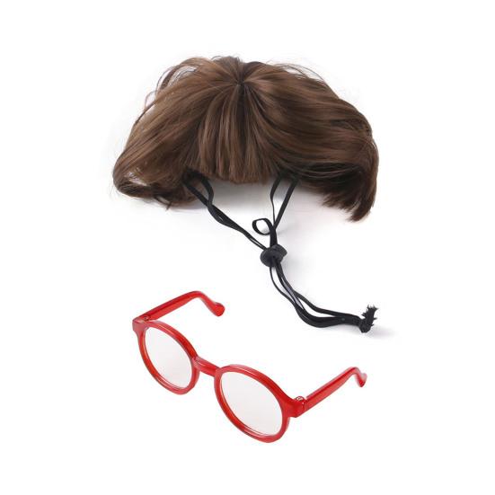 1 Set Cat Wig And Glasses Funny Pet Costume Adjustable Pet Wig Big Hair Photo Prop Outfit for Cats And Small Dogs Holiday Party Cosplay