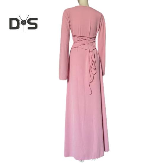 Women Dress U Neck Long Sleeve A Line Slim Fit Skinny Elastic Long Horn Sleeve Back Strap Lace Up Ankle Length Solid Color Maxi Dress