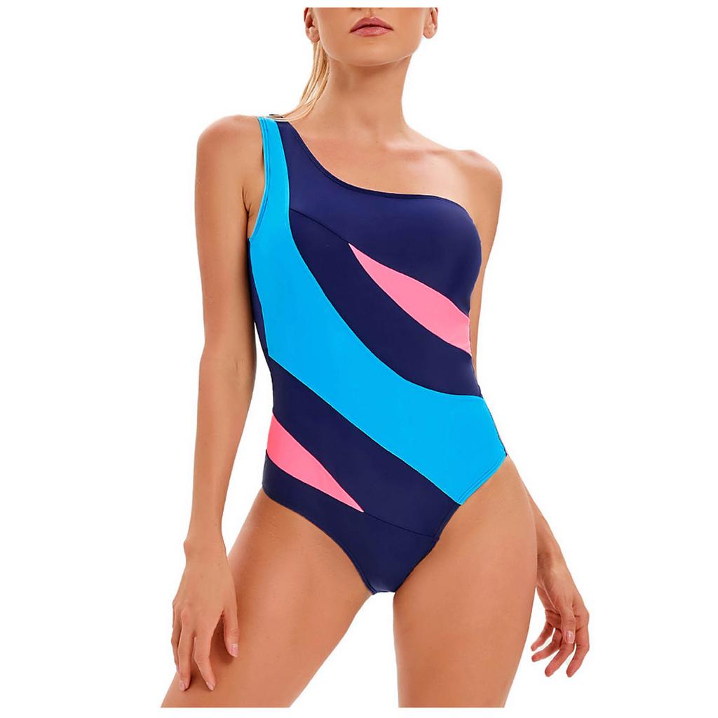 One Shoulder One Piece Swimsuit Women Color Block Asymmetric Neckline Slim Fit Swimwear Beachwear Bathing Suit