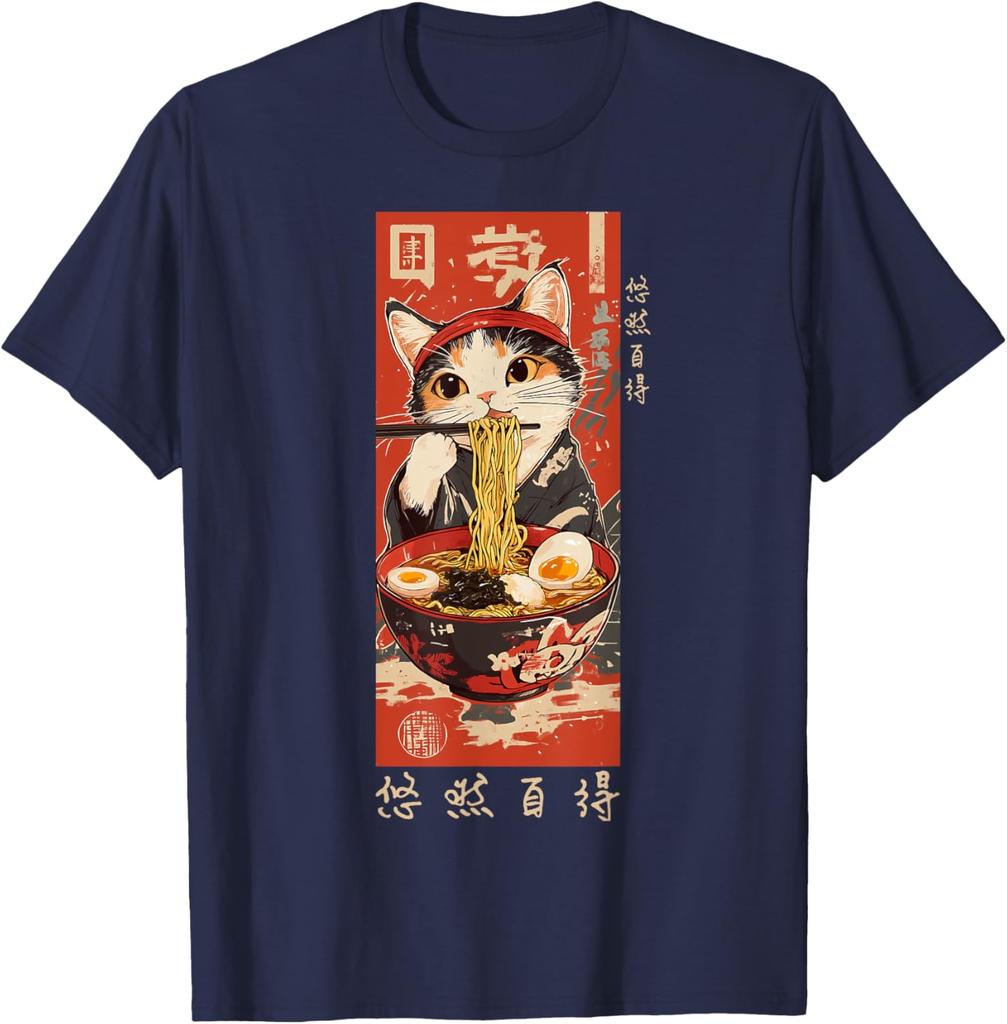 Ramen Cat Eating Noodles Japanese Ukiyoe Style Graphic Tee Casual Cotton TShirt for Men