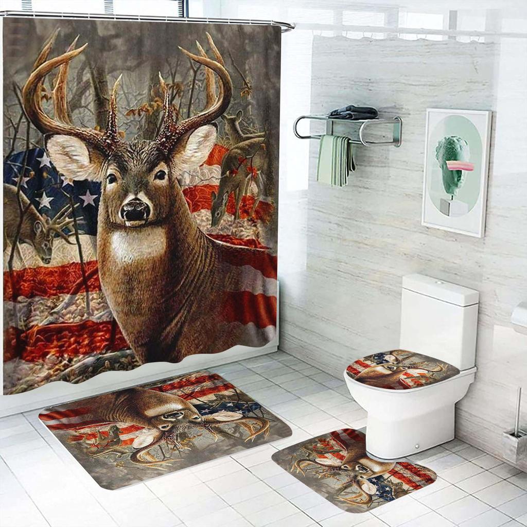 Cartoon Deer Animal Giraffe Shower Curtain Bath 4 Pcs Set Cute Luxury Accessories Sets Full Mats Gifts for Boys Girls