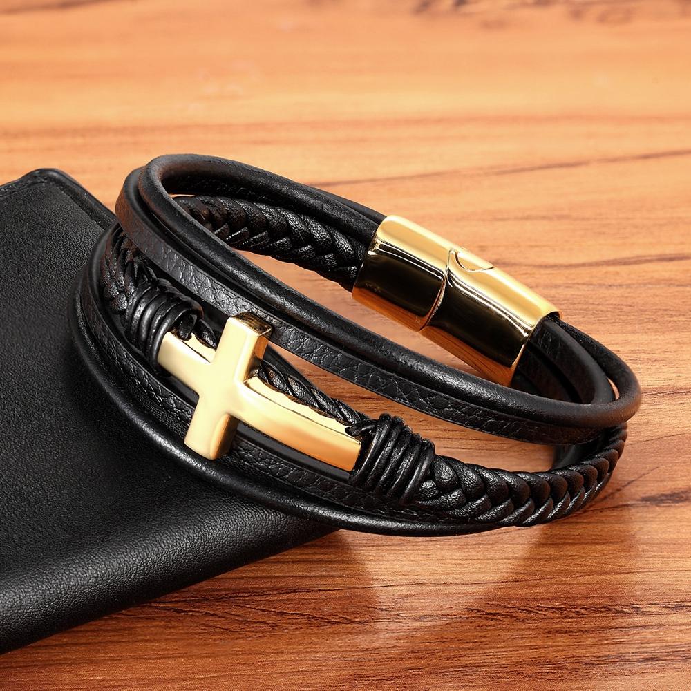 Classic Style Cross Men Bracelet Multi-Layer Stainless Steel Leather Bangles Magnetic Clasp for Friend Fashion Jewelry Gift