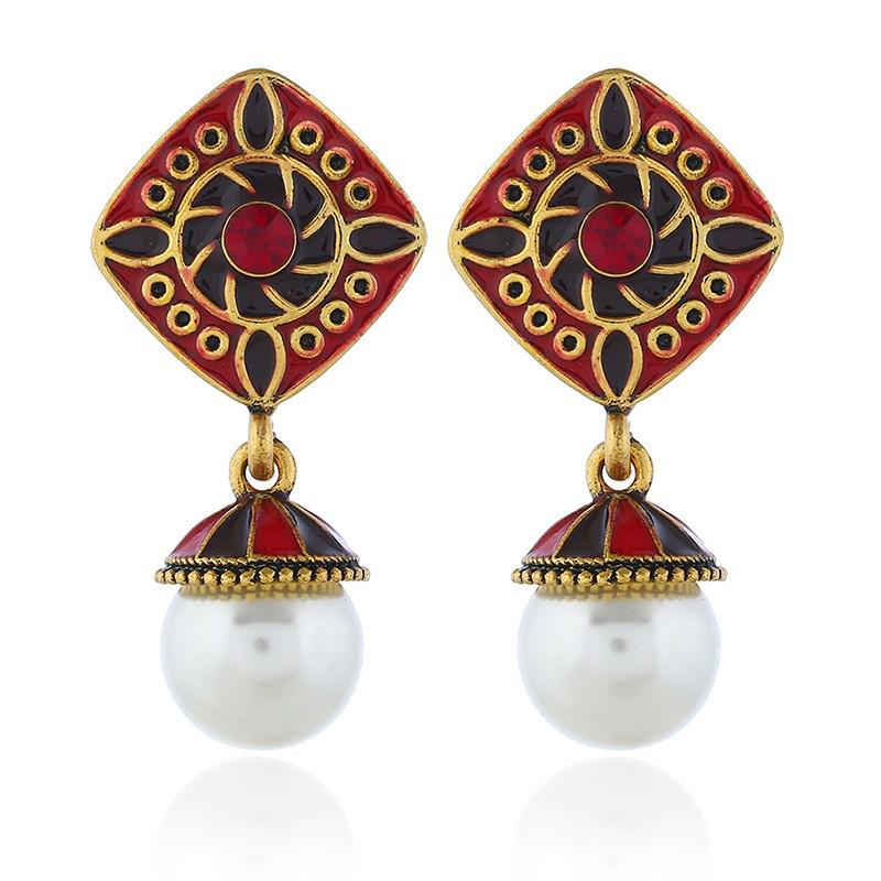 Retro Indian Alloy Rice Bead Tassel Earrings with Scenic Design