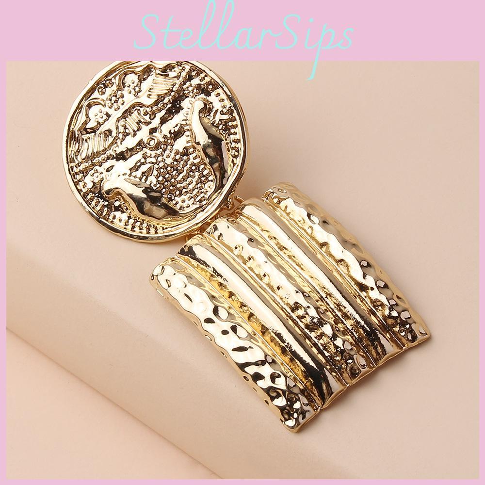 Contemporary Geometric Gold Metal Earrings With Relief Design For Celebration Gifts