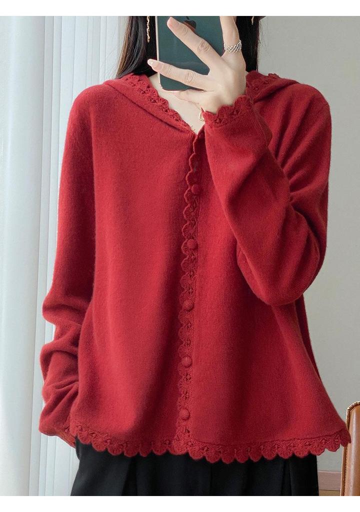 Women's 2025 Wool Knit Lace Button-Up Hooded Cardigan - Solid, Loose, Versatile Base Layer