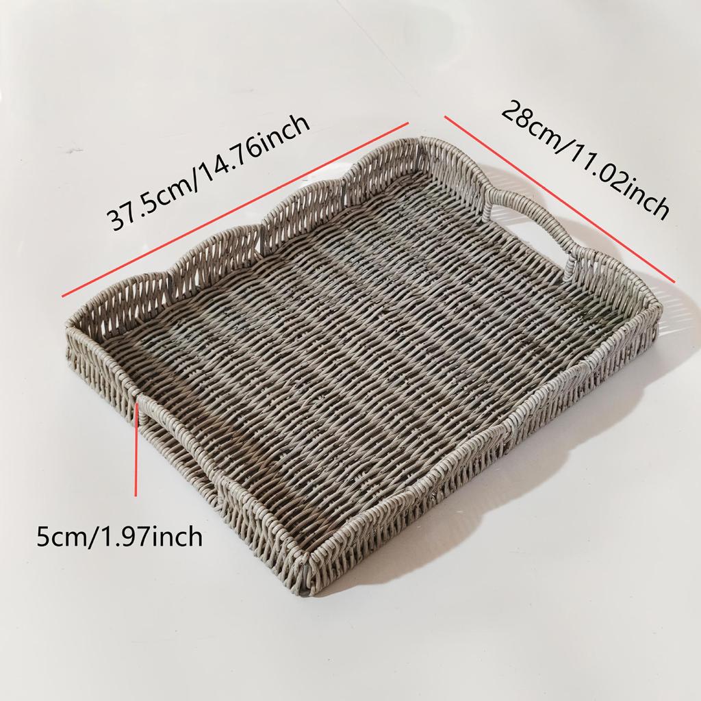 Japanese Wicker Bread Basket with Double Handles - Imitation Rattan Round Serving Tray with Lace