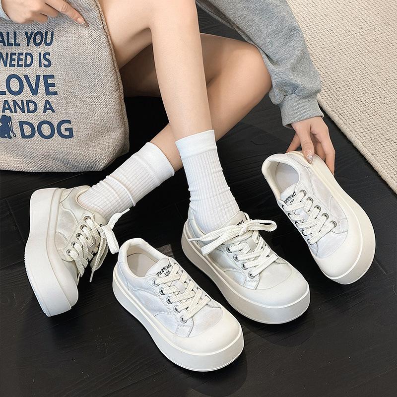 Pantofi casual versatili cu șireturi platformă pentru femei, cap mare, noi de primăvară, adidași din piele lustruită