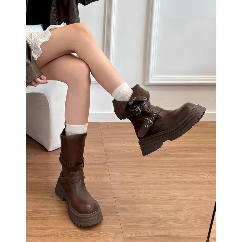 Fashion Platform Heel Mid Calf Boots Women Fashion Ladies Side Zippers Knight Boots 2025 New Autumn Winter Women's Thick Bottom Shoes