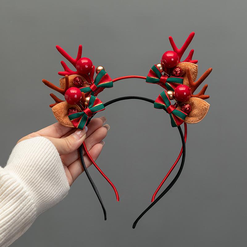 Christmas Deer Antler Headband Red Forest Style, Festive Reindeer Hair Band for Women Girls Children Holiday