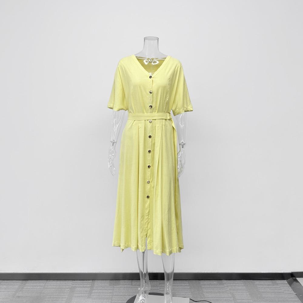 Women's V Neck Short Sleeve Midi Dress Loose Fit Elastic Waist Elegant Style Rayon Linen Blend A Line Dress With Button Belt