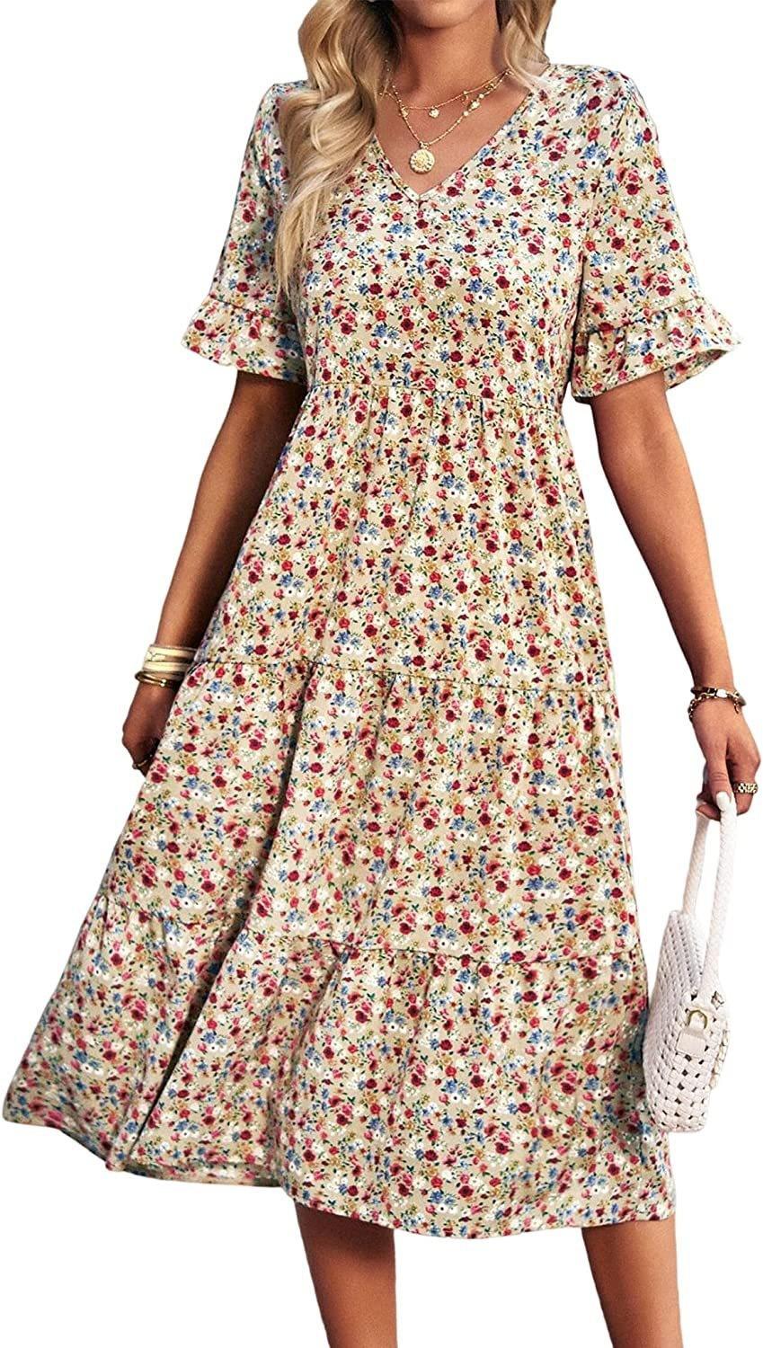 

Summer Floral Dress Casual Bohemian V-Neck Short Sleeve Elegant Beach Long Sun Dress XL абрикосовий