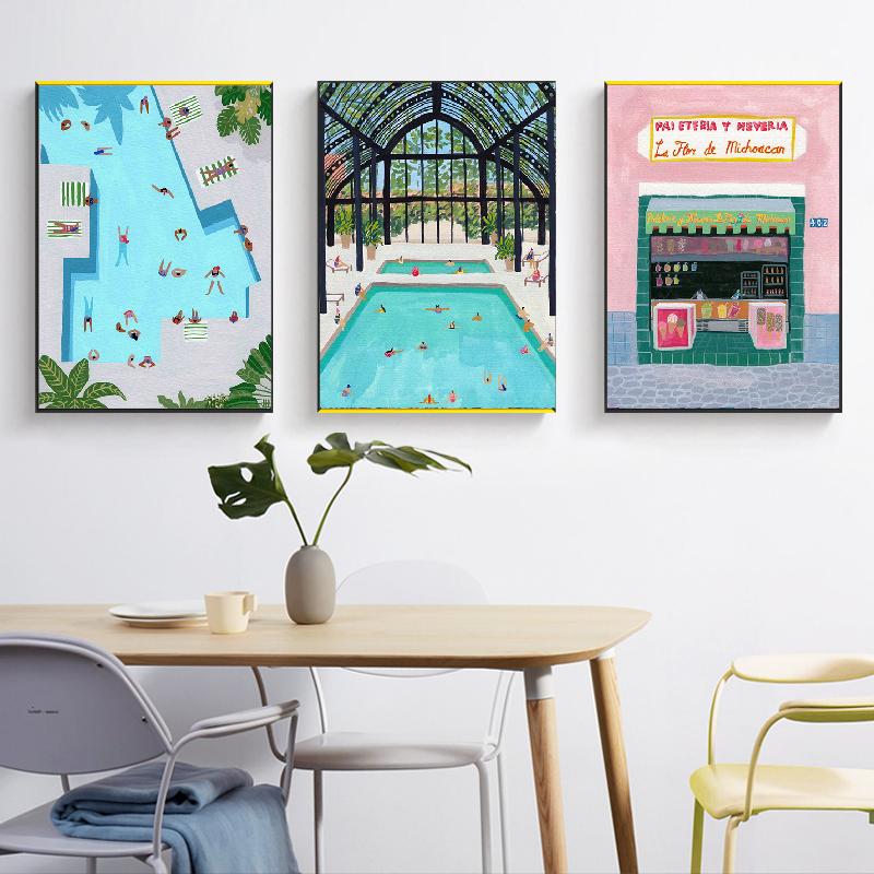 Kreskówka letni basen rośliny zielone sklep z napojami obraz na płótnie plakat artystyczny i druki obraz do wystroju salonu