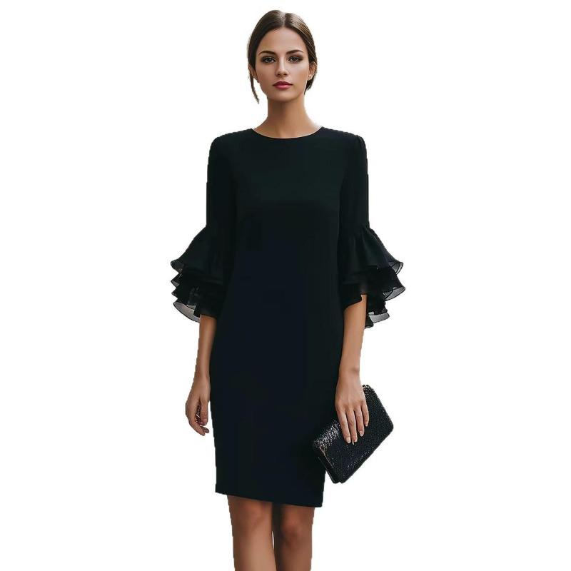 Women's Crew Neck Ruffle Bell Sleeve Mini Dress Loose Fit Elegant Party Dress