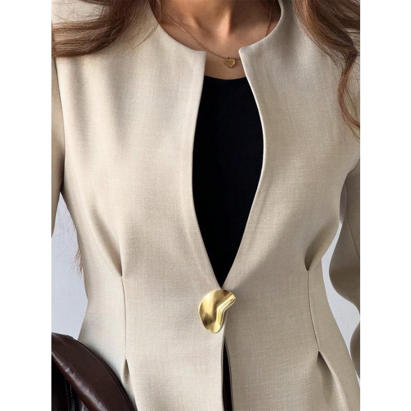 Women's Elegant Collarless Blazer Solid Color Single Button Office Casual Jacket