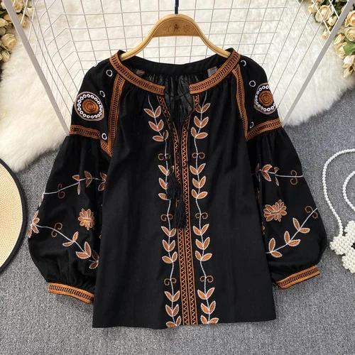 O-neck Floral Embroidery Lantern Sleeve Women Loose Camisas Ethnic Style Spring and Autumn Blouse