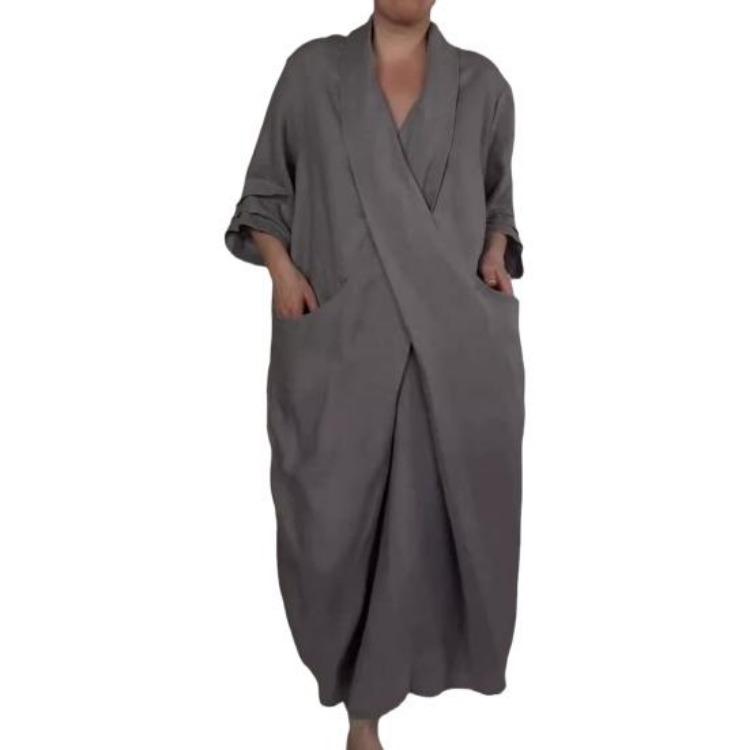 

Bohemian Retro Maxi Dress with Large Pocket Cross V Neck Solid Color Spring Fall Loose A Line XXXL