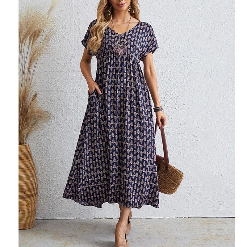 Letnia sukienka vintage z krótkim rękawem i dużym rozmiarem, damska, dekolt w serek, elegancka, swobodna, długa sukienka, damska, linia A, nadruk, luźne, oversize'owe sukienki damskie 24517