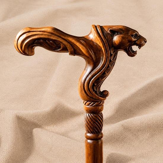 Hand Carved Panther Walking Stick Wooden Jaguar Head Cane Ergonomic Walking Aid Handmade Gift for Men Decorative Staff