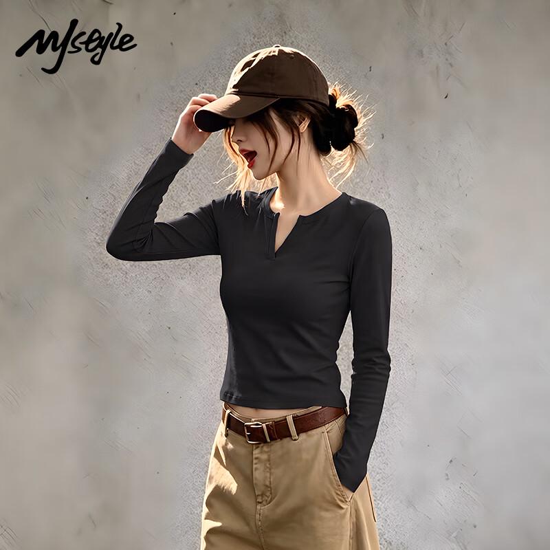 MJ STYLE Women's Slim-Fit V-Neck Long Sleeve Ribbed T-Shirt