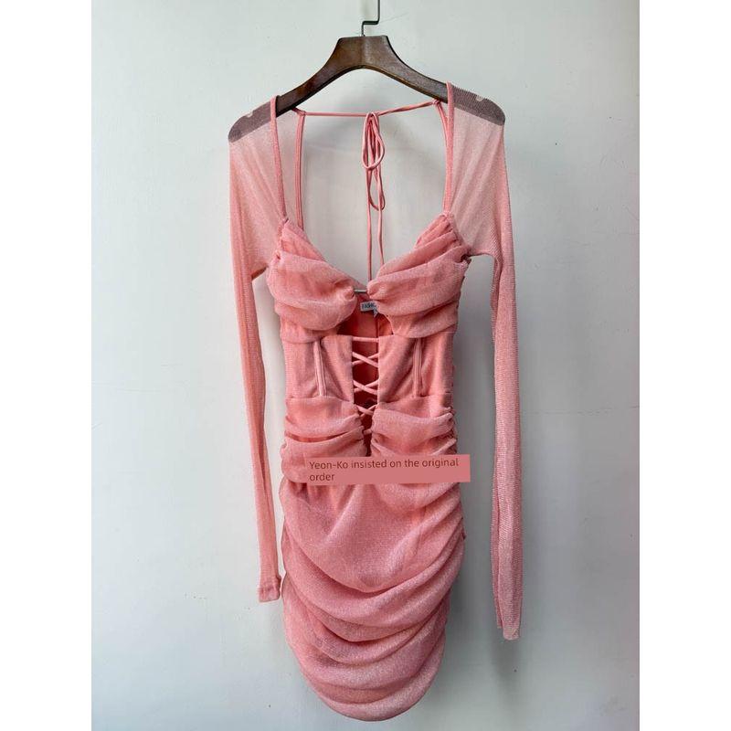 

Export Single FN Large Sexy Sexy Mesh Hollow Silm Dress Pink Dress XL