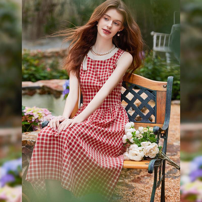 Elegant Plaid Sleeveless Maxi Dress M