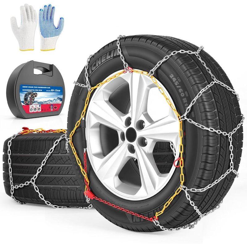 Snow Chains for Car Tires, Universal Adjustable Emergency Portable Tire Chains, Suitable for Commuter Car and SUV, Set of 2