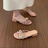 Fashion Pearl Bow Open-toe Slippers for Women In Summer, Beautiful Small Round-toe Rhinestone Non-slip Block Heel Sandals