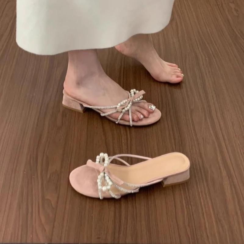 Fashion Pearl Bow Open-toe Slippers for Women In Summer, Beautiful Small Round-toe Rhinestone Non-slip Block Heel Sandals