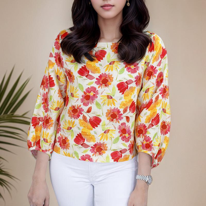

ZANZEA Женская повседневная блузка с круглым вырезом, свободного кроя, с рукавом три четверти, с цветочным принтом L жёлтый