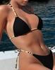 Damen Badeanzug Schwarz Kontrastfarbe Sexy Neckholder Rückenfrei Bikini Anzug Strandmode Badeanzüge