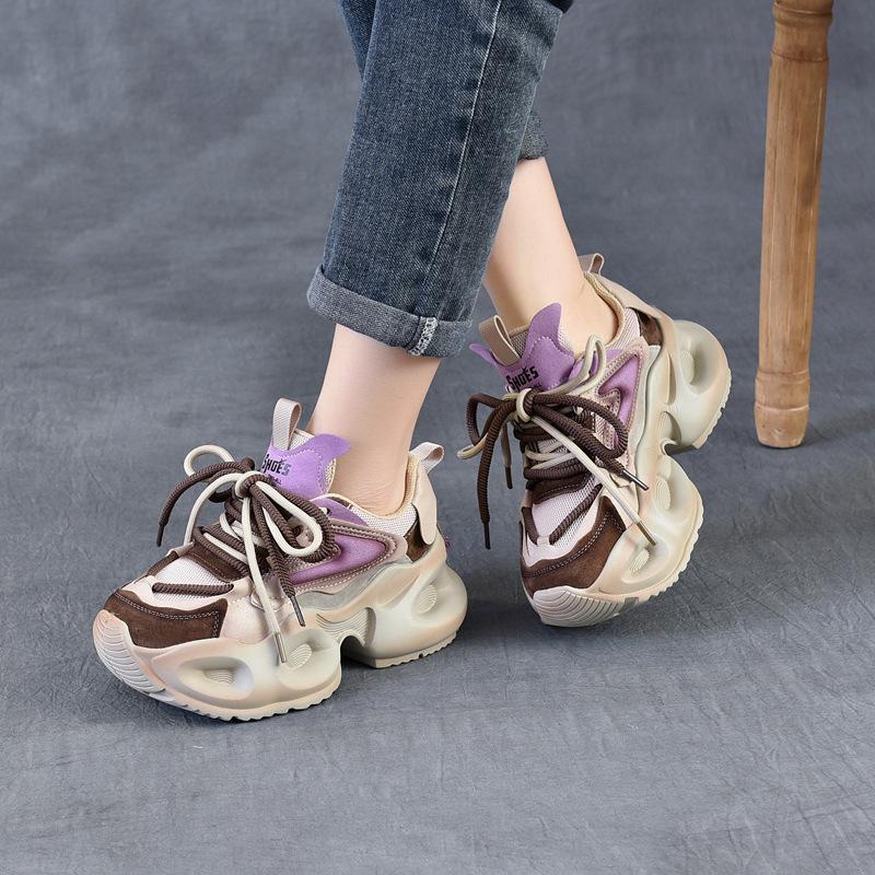 Moda 6CM Couro de Camurça Mesh Aérea Marca Alta Plataforma Anabela Primavera Verão Mocassim Vulcanizado Mulher Tênis Chunky Sapatos Respiráveis