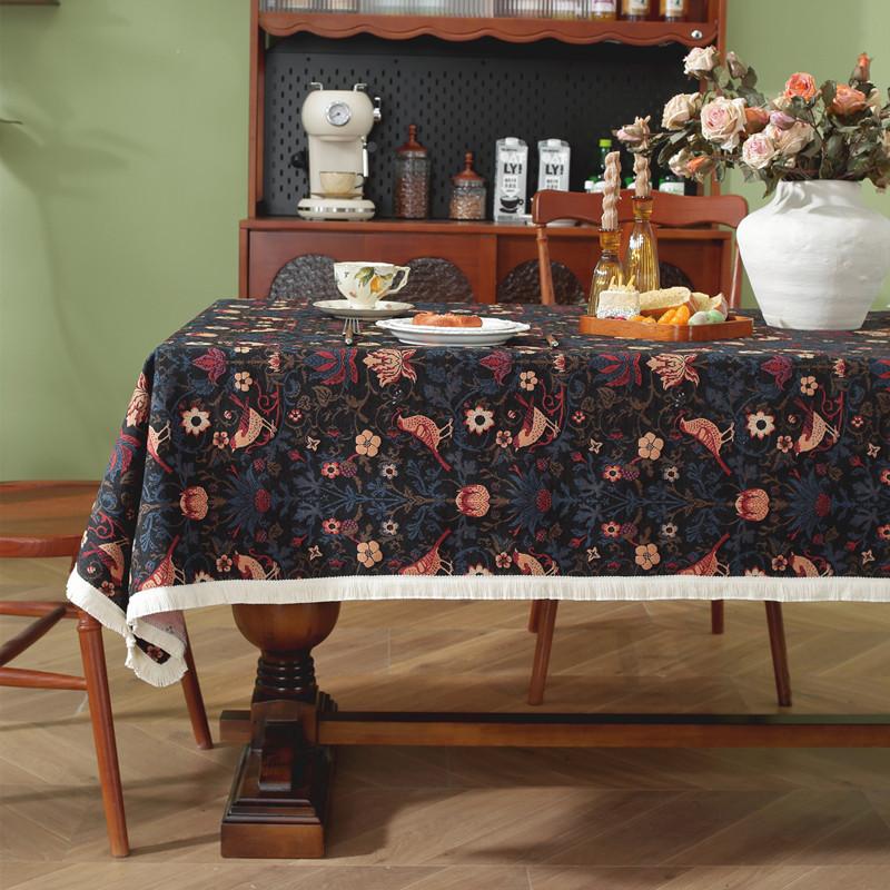 Retro Polyester Cotton Color Woven Jacquard Plant Fan-Shaped Flower Fringed Tablecloth Rectangular Coffee Table Tablecloth Dining Table Cloth