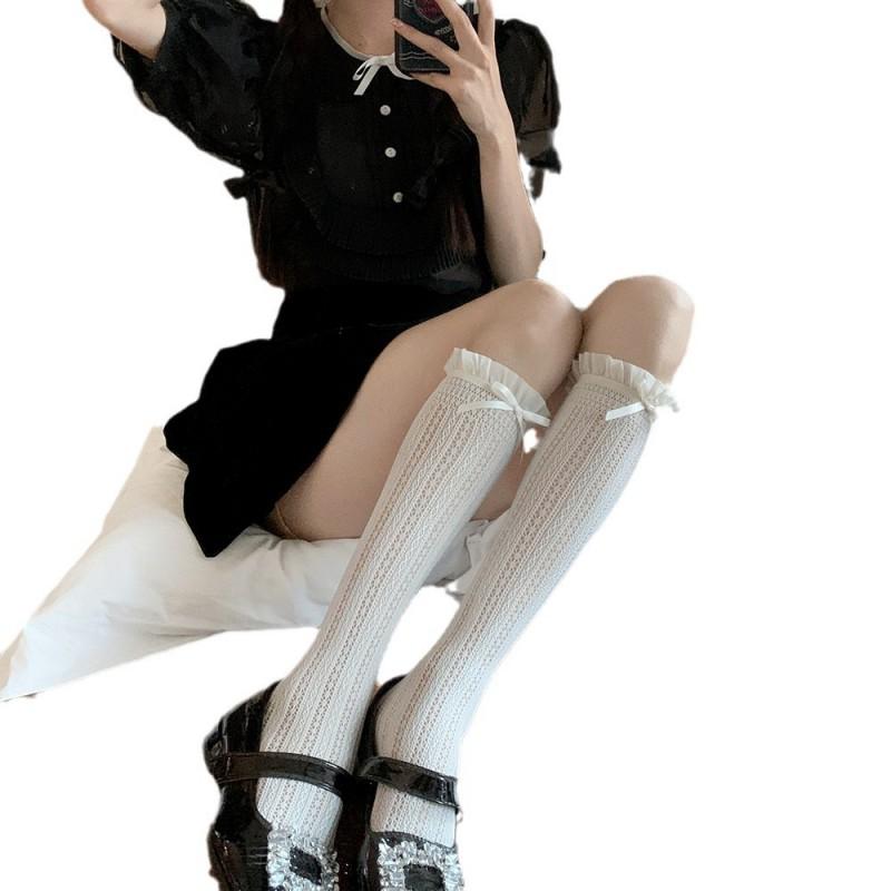 Lolita Style Lace Trim Ankle Socks Women Thin Cotton Blend Knee High In White Beige Black