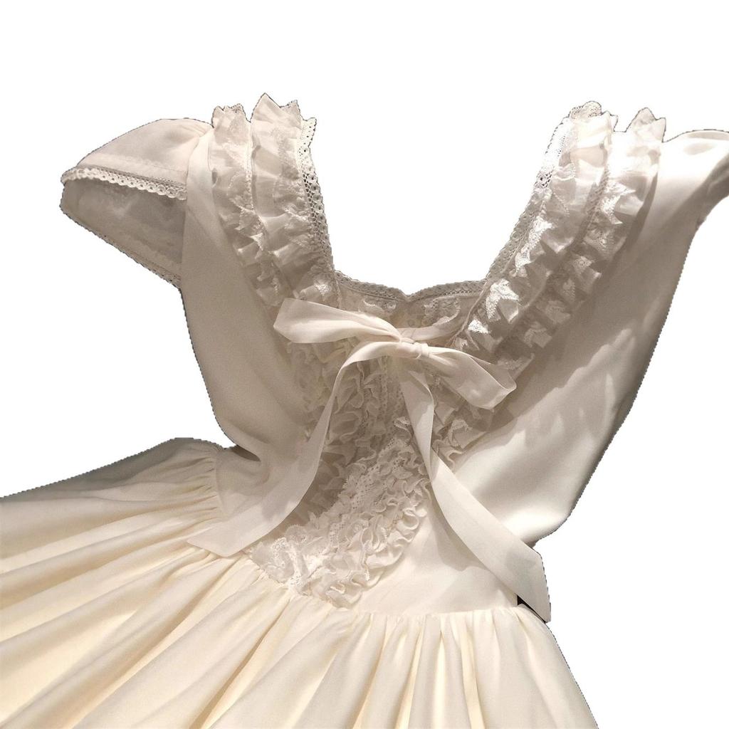 Girls Solid Lace Trim V Neck Princess Dress Simple Versatile Tween Skirt