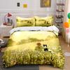 3Pcs Warm Sunlight Bedding Set, Girl And Dog In Spring Flower Field Print Duvet Cover & 2*Pillowcases, Gift
