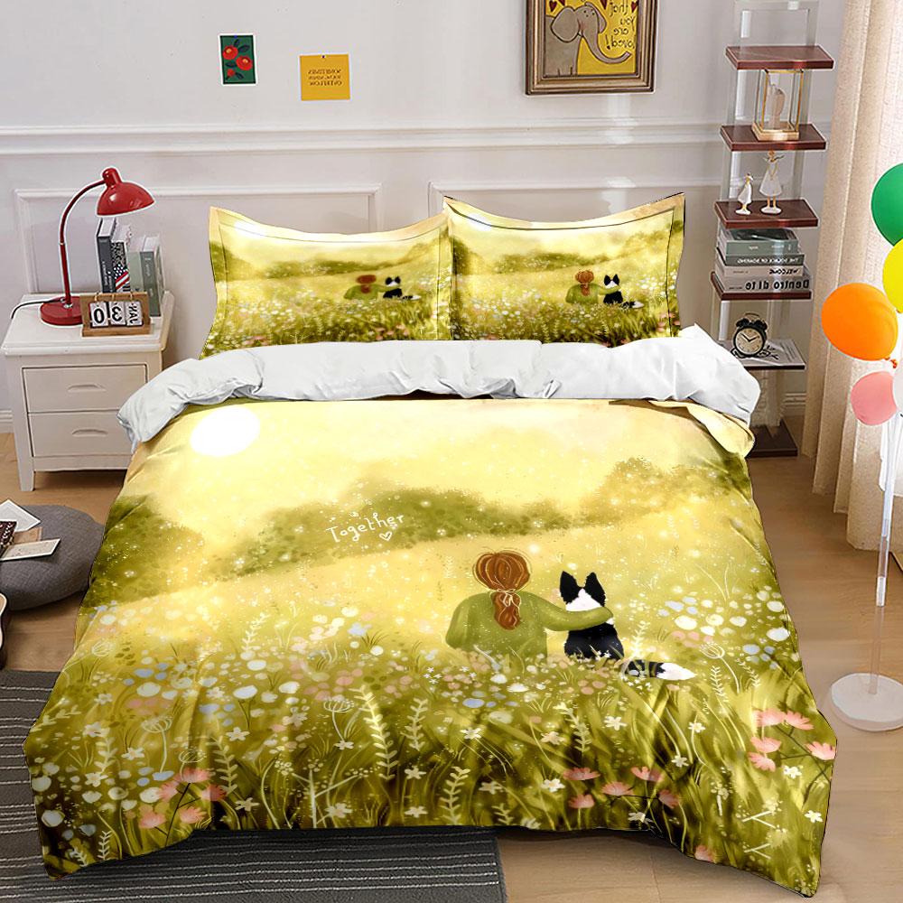 3Pcs Warm Sunlight Bedding Set, Girl And Dog In Spring Flower Field Print Duvet Cover & 2*Pillowcases, Gift